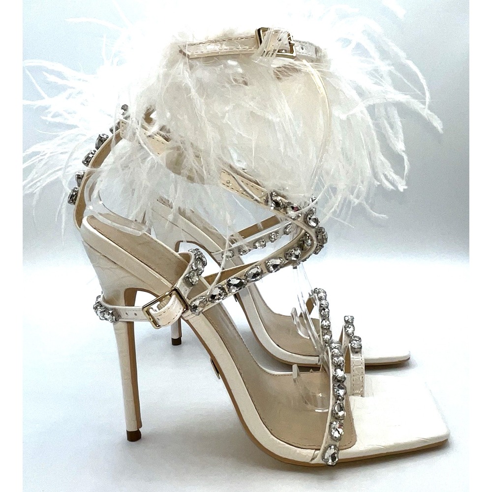 Sexy White Heels Size 7 mcbling open‎ toed stilletos with feathers
